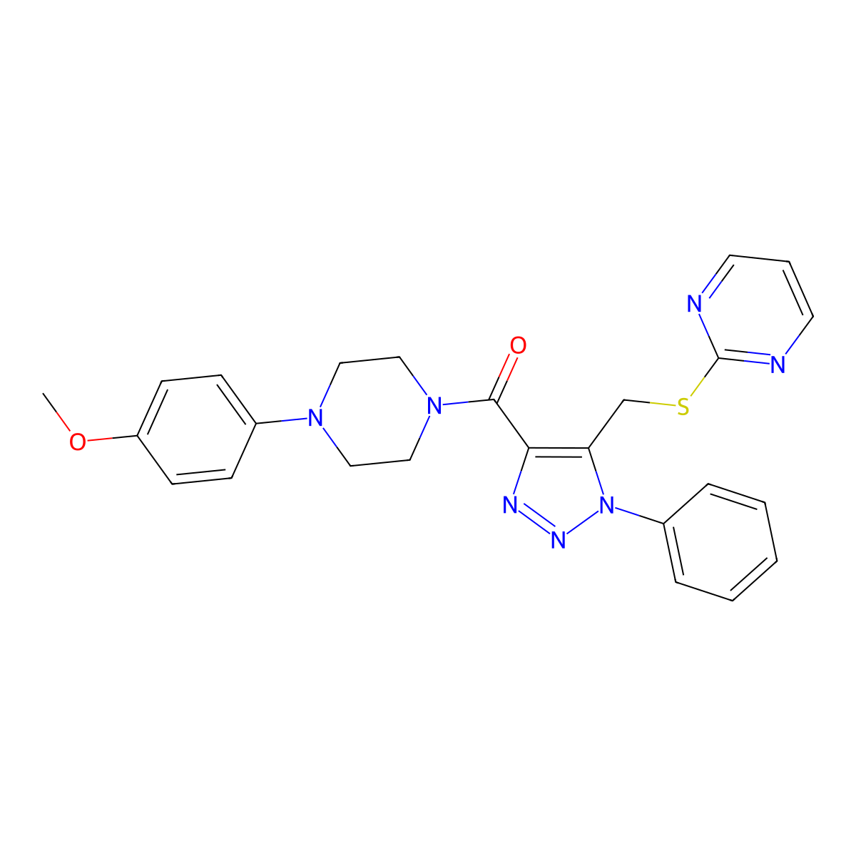 (4-(4-methoxyphenyl)piperazin-1-yl)(1-phenyl-5-((pyrimidin-2-ylthio)methyl)-1H-1,2,3-triazol-4-yl)methanone molecular structure, CAS 1105209-08-2