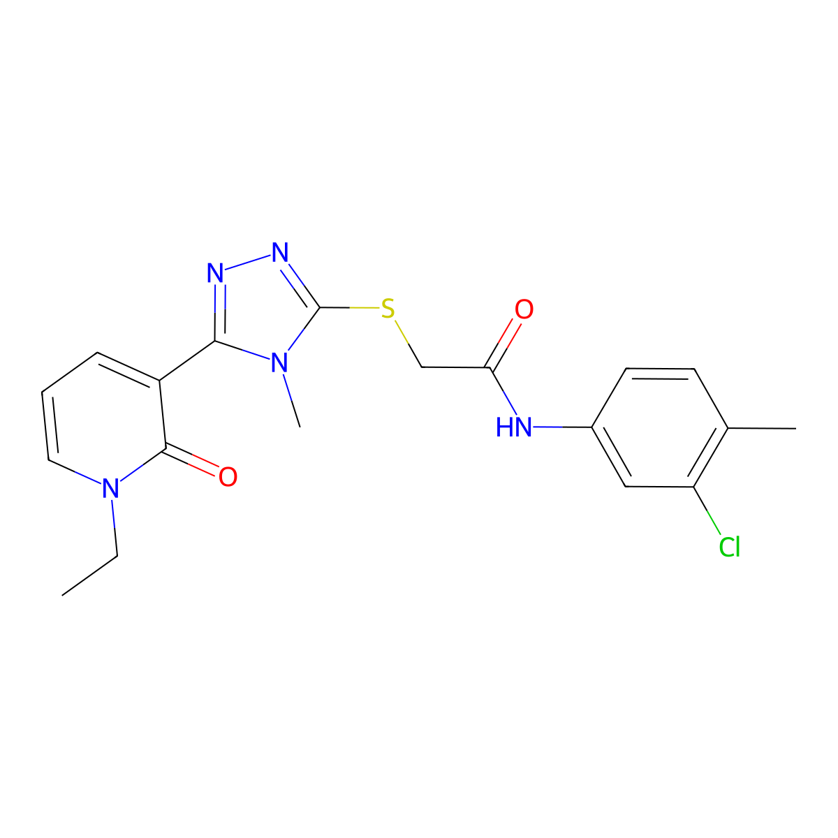 N-(3-chloro-4-methylphenyl)-2-((5-(1-ethyl-2-oxo-1,2-dihydropyridin-3-yl)-4-methyl-4H-1,2,4-triazol-3-yl)thio)acetamide molecular structure, CAS 1105209-10-6