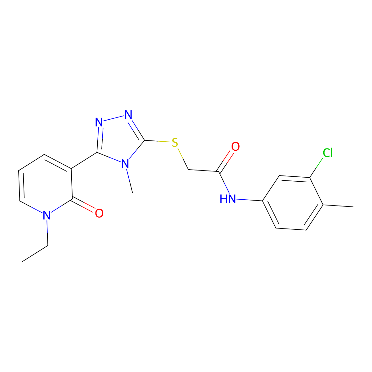 N-(3-chloro-4-methylphenyl)-2-((5-(1-ethyl-2-oxo-1,2-dihydropyridin-3-yl)-4-methyl-4H-1,2,4-triazol-3-yl)thio)acetamide molecular structure, CAS 1105209-10-6