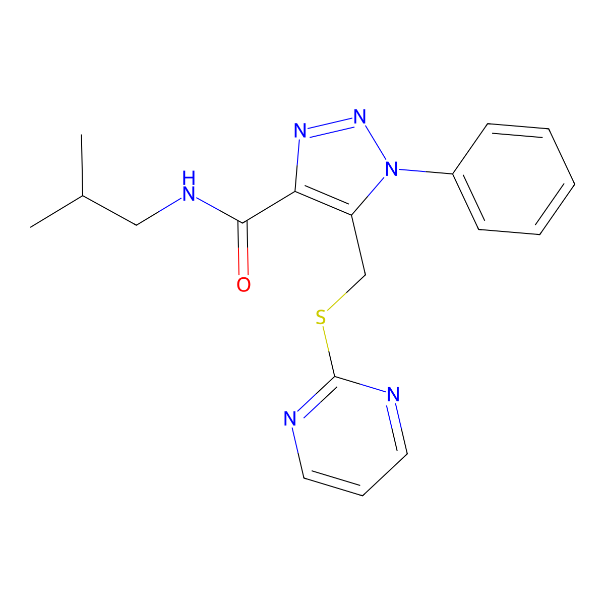 N-isobutyl-1-phenyl-5-((pyrimidin-2-ylthio)methyl)-1H-1,2,3-triazole-4-carboxamide molecular structure, CAS 1105209-16-2