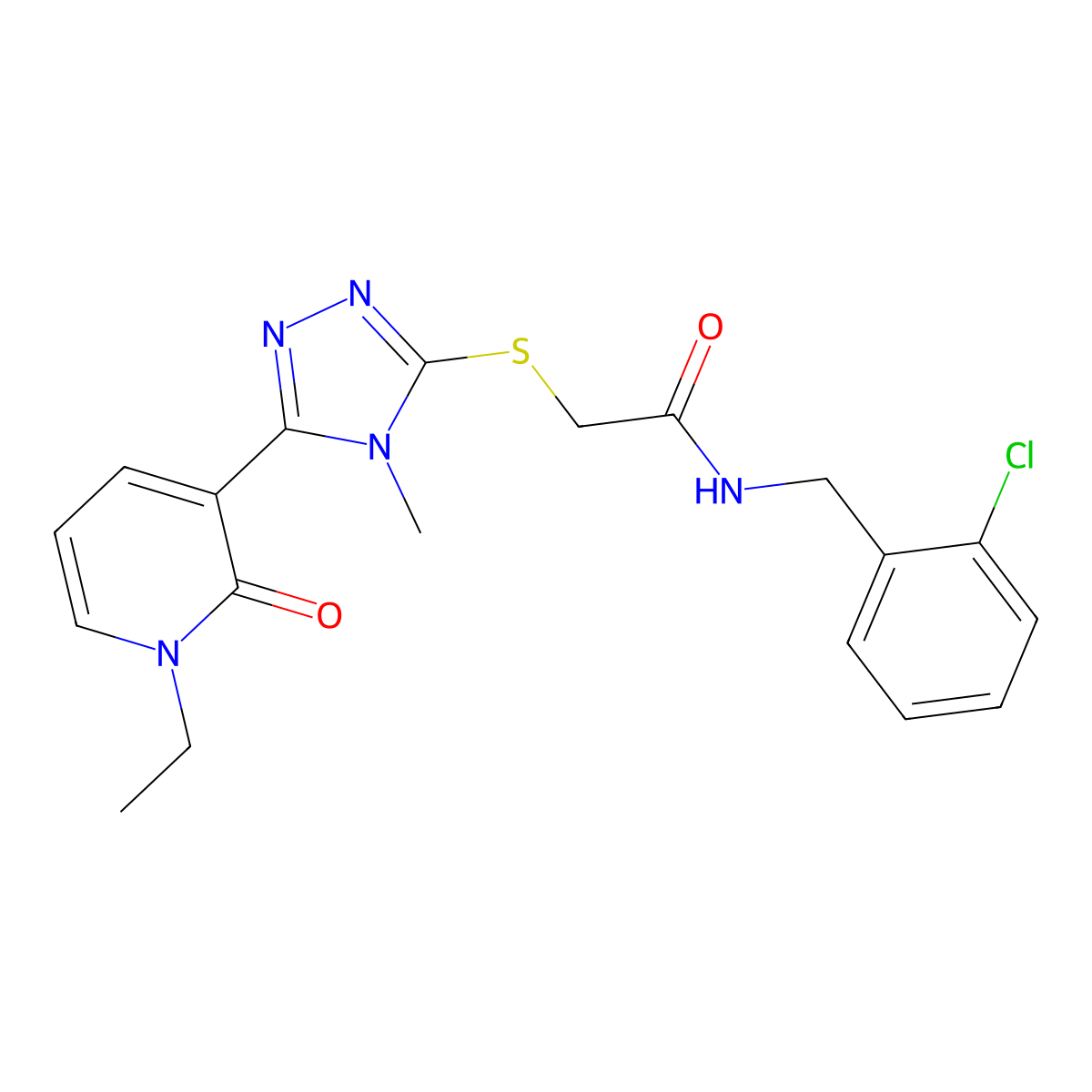N-(2-chlorobenzyl)-2-((5-(1-ethyl-2-oxo-1,2-dihydropyridin-3-yl)-4-methyl-4H-1,2,4-triazol-3-yl)thio)acetamide molecular structure, CAS 1105209-18-4
