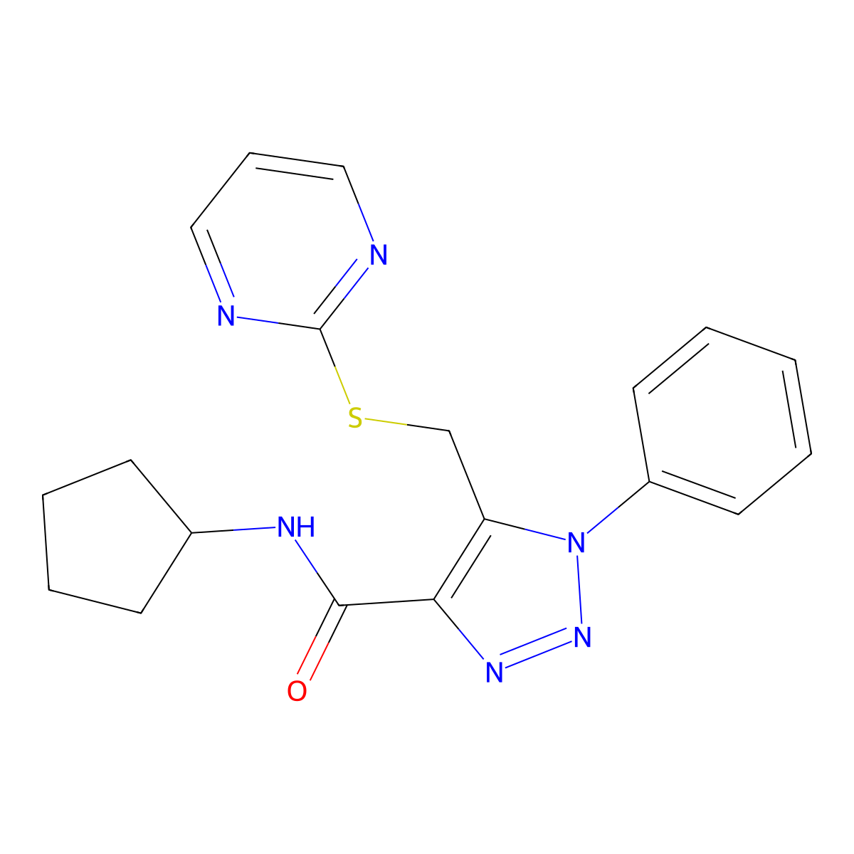 N-cyclopentyl-1-phenyl-5-((pyrimidin-2-ylthio)methyl)-1H-1,2,3-triazole-4-carboxamide molecular structure, CAS 1105209-26-4