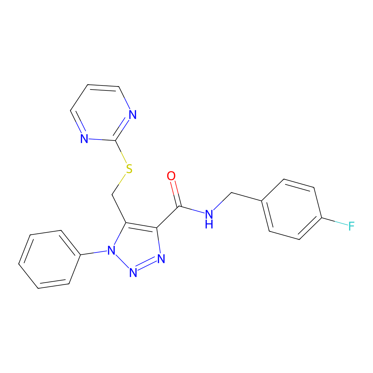 N-(4-fluorobenzyl)-1-phenyl-5-((pyrimidin-2-ylthio)methyl)-1H-1,2,3-triazole-4-carboxamide molecular structure, CAS 1105209-34-4
