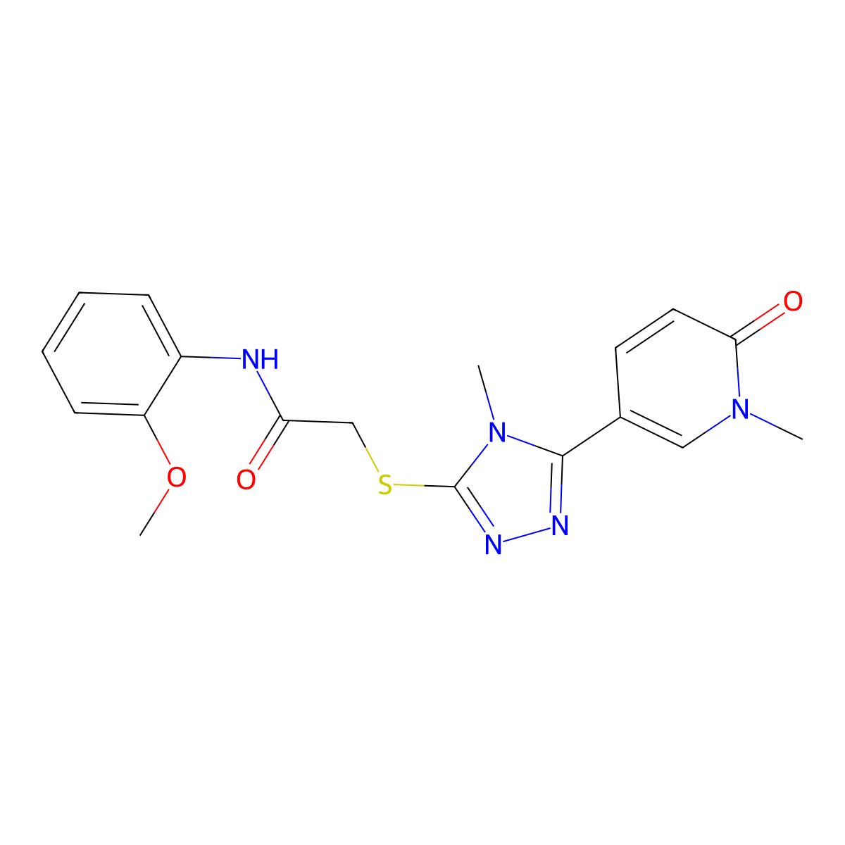 N-(2-methoxyphenyl)-2-((4-methyl-5-(1-methyl-6-oxo-1,6-dihydropyridin-3-yl)-4H-1,2,4-triazol-3-yl)thio)acetamide molecular structure, CAS 1105209-41-3