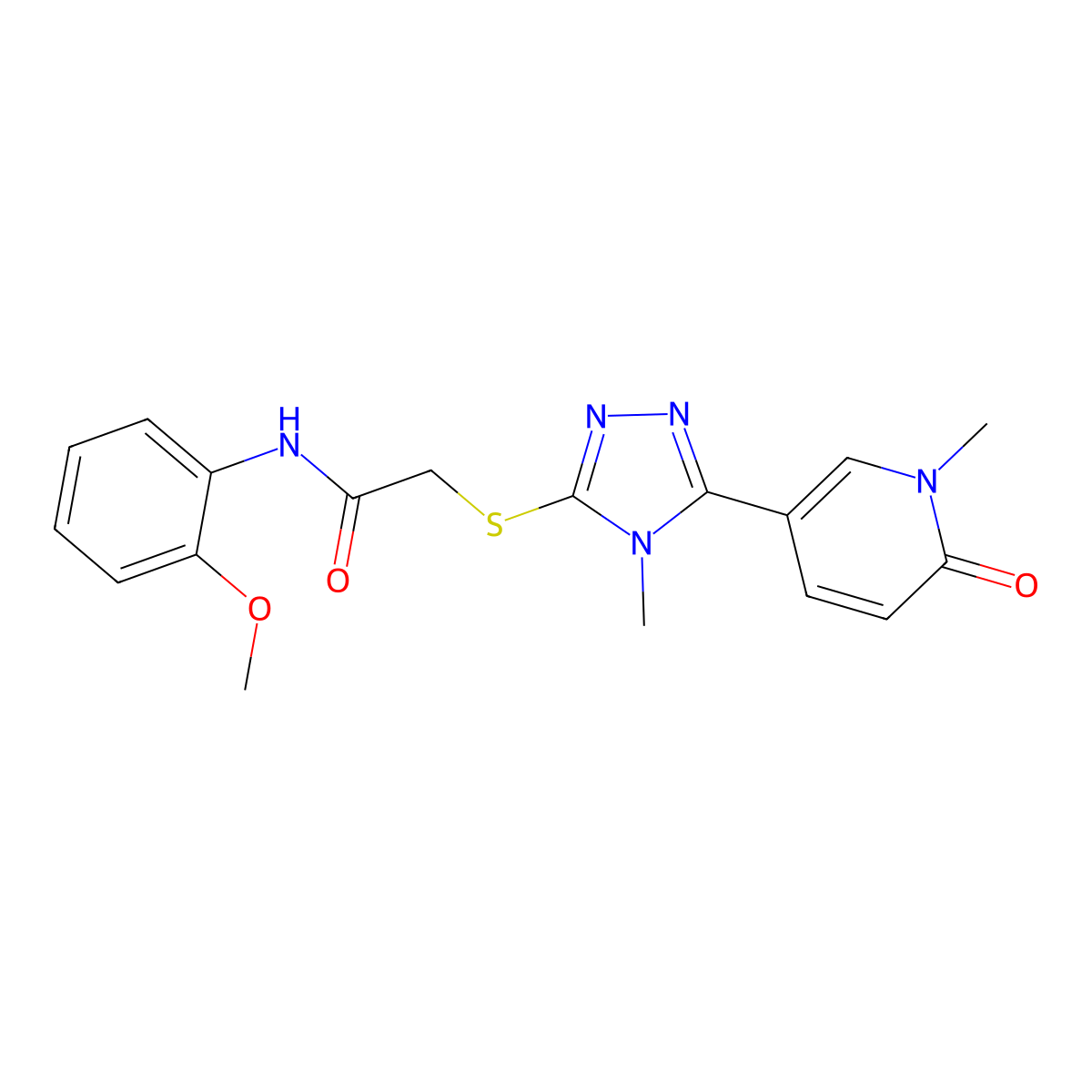 N-(2-methoxyphenyl)-2-((4-methyl-5-(1-methyl-6-oxo-1,6-dihydropyridin-3-yl)-4H-1,2,4-triazol-3-yl)thio)acetamide molecular structure, CAS 1105209-41-3