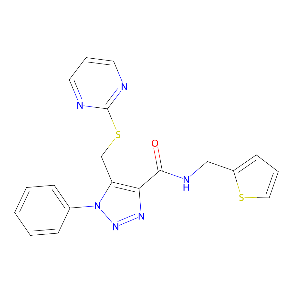 1-phenyl-5-((pyrimidin-2-ylthio)methyl)-N-(thiophen-2-ylmethyl)-1H-1,2,3-triazole-4-carboxamide molecular structure, CAS 1105209-42-4