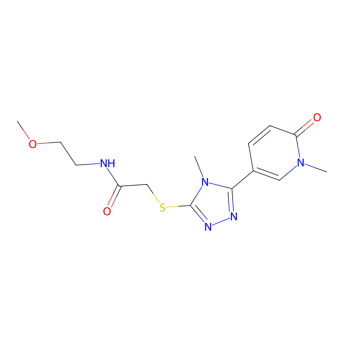 N-(2-methoxyethyl)-2-((4-methyl-5-(1-methyl-6-oxo-1,6-dihydropyridin-3-yl)-4H-1,2,4-triazol-3-yl)thio)acetamide molecular structure, CAS 1105209-49-1