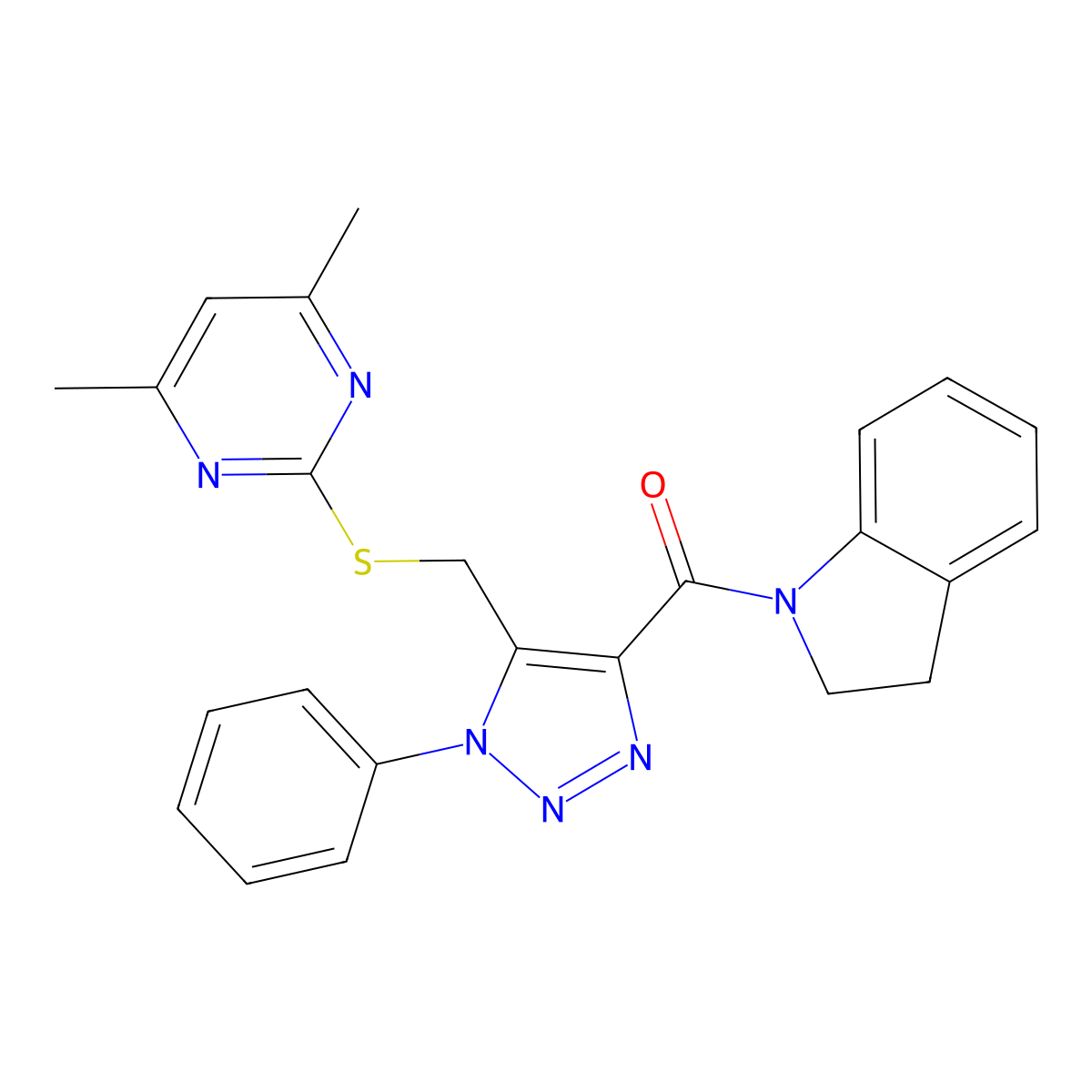 (5-(((4,6-dimethylpyrimidin-2-yl)thio)methyl)-1-phenyl-1H-1,2,3-triazol-4-yl)(indolin-1-yl)methanone molecular structure, CAS 1105209-50-4