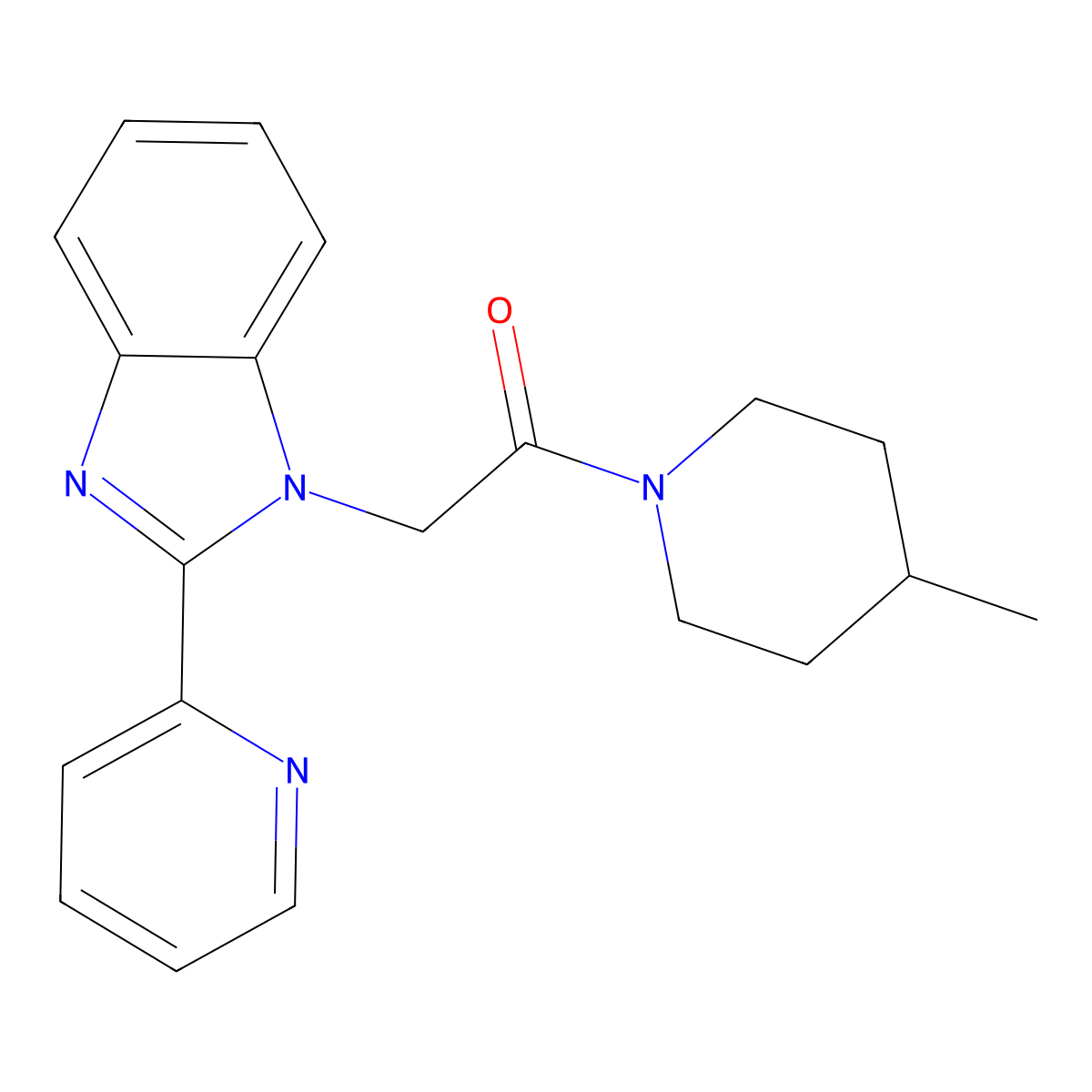 1-(4-methylpiperidin-1-yl)-2-(2-(pyridin-2-yl)-1H-benzo[d]imidazol-1-yl)ethanone molecular structure, CAS 1105209-56-0