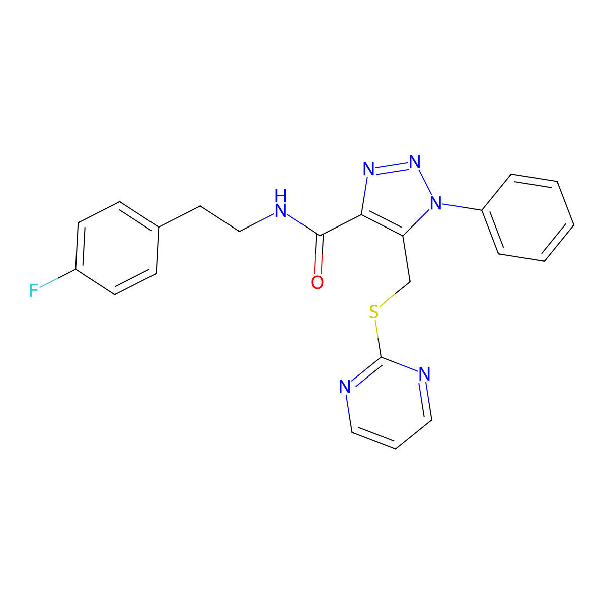 N-(4-fluorophenethyl)-1-phenyl-5-((pyrimidin-2-ylthio)methyl)-1H-1,2,3-triazole-4-carboxamide molecular structure, CAS 1105209-58-2