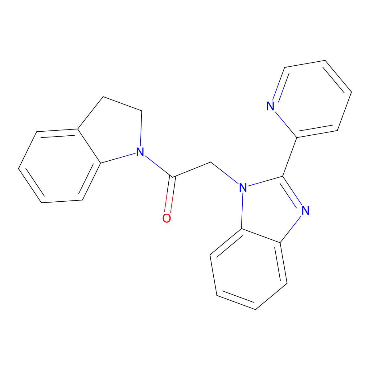 1-(indolin-1-yl)-2-(2-(pyridin-2-yl)-1H-benzo[d]imidazol-1-yl)ethanone molecular structure, CAS 1105209-64-0