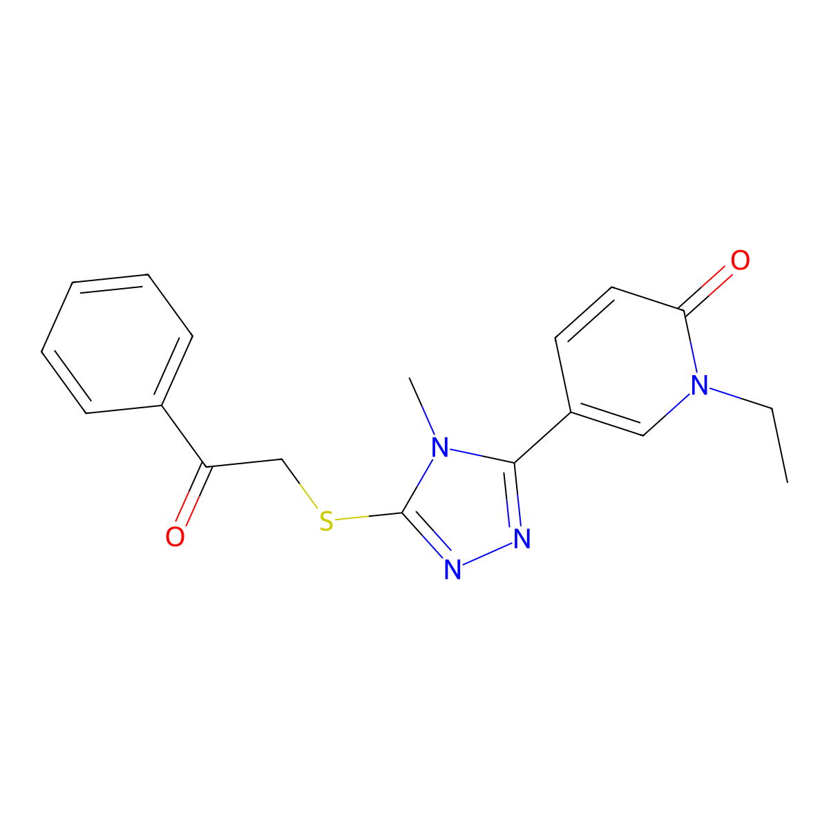 1-ethyl-5-(4-methyl-5-((2-oxo-2-phenylethyl)thio)-4H-1,2,4-triazol-3-yl)pyridin-2(1H)-one molecular structure, CAS 1105209-65-1