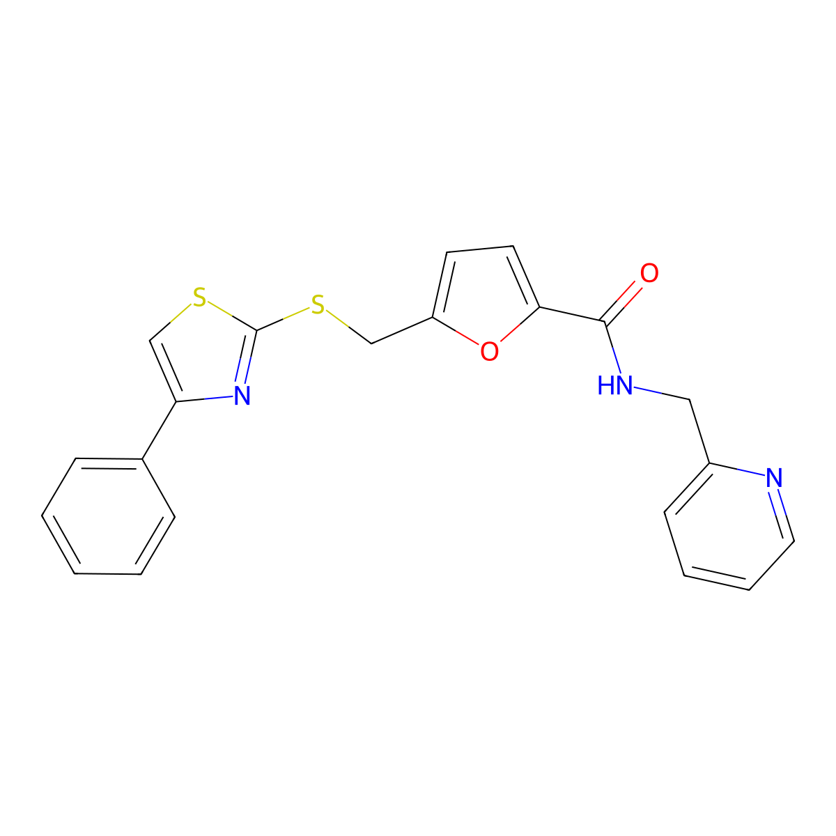 5-(((4-phenylthiazol-2-yl)thio)methyl)-N-(pyridin-2-ylmethyl)furan-2-carboxamide molecular structure, CAS 1105209-73-1