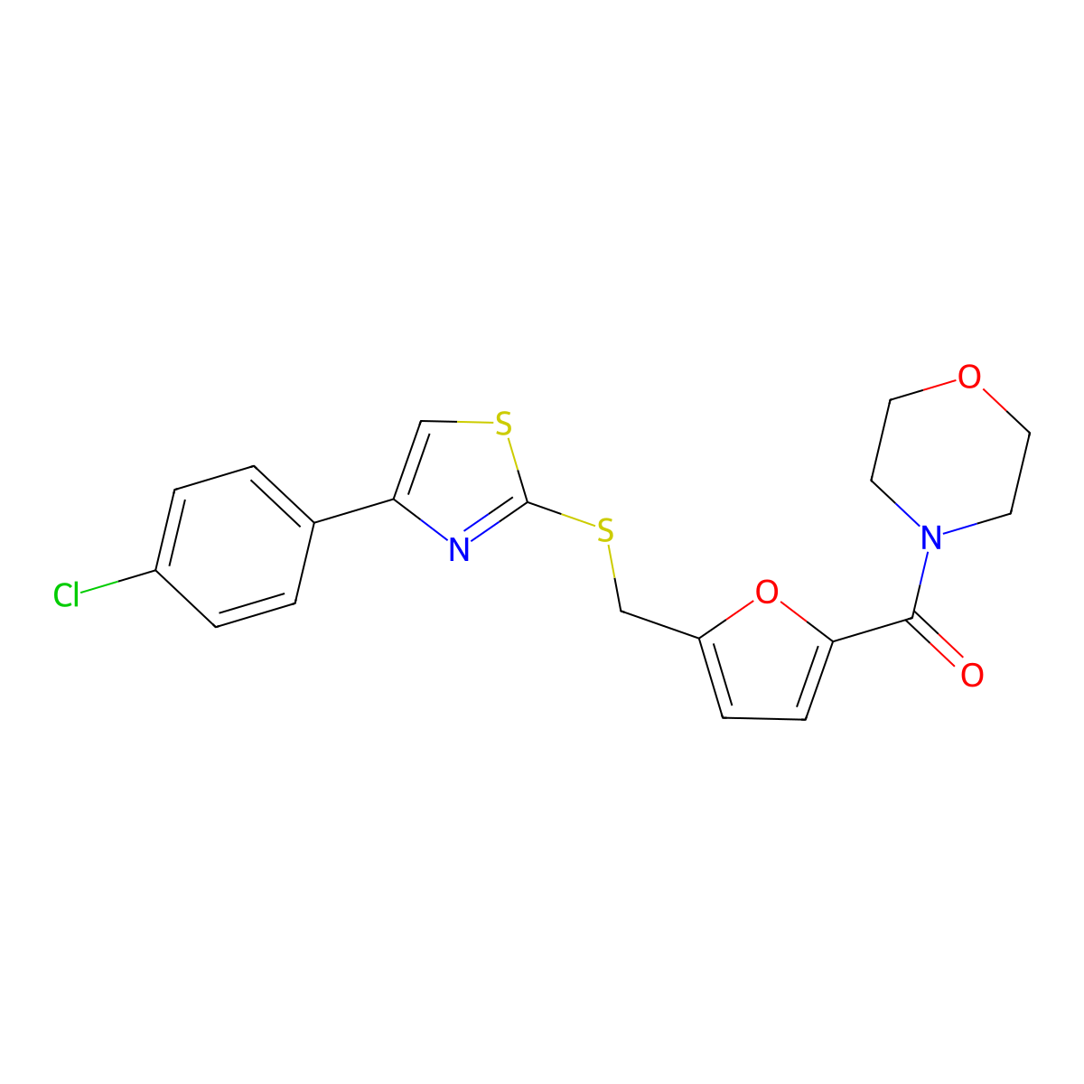 (5-(((4-(4-Chlorophenyl)thiazol-2-yl)thio)methyl)furan-2-yl)(morpholino)methanone molecular structure, CAS 1105209-80-0