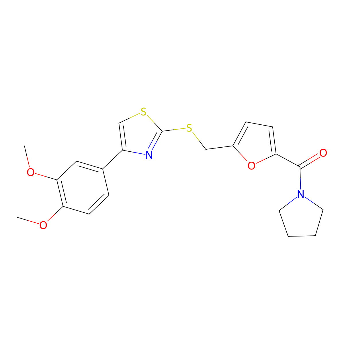 (5-(((4-(3,4-Dimethoxyphenyl)thiazol-2-yl)thio)methyl)furan-2-yl)(pyrrolidin-1-yl)methanone molecular structure, CAS 1105209-88-8