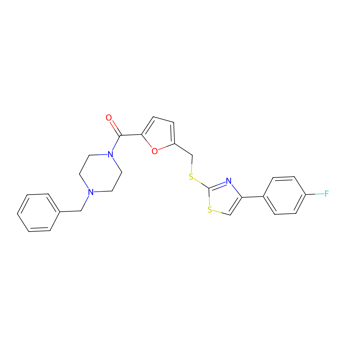 (4-Benzylpiperazin-1-yl)(5-(((4-(4-fluorophenyl)thiazol-2-yl)thio)methyl)furan-2-yl)methanone molecular structure, CAS 1105210-04-5