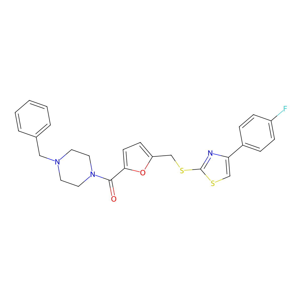 (4-Benzylpiperazin-1-yl)(5-(((4-(4-fluorophenyl)thiazol-2-yl)thio)methyl)furan-2-yl)methanone molecular structure, CAS 1105210-04-5