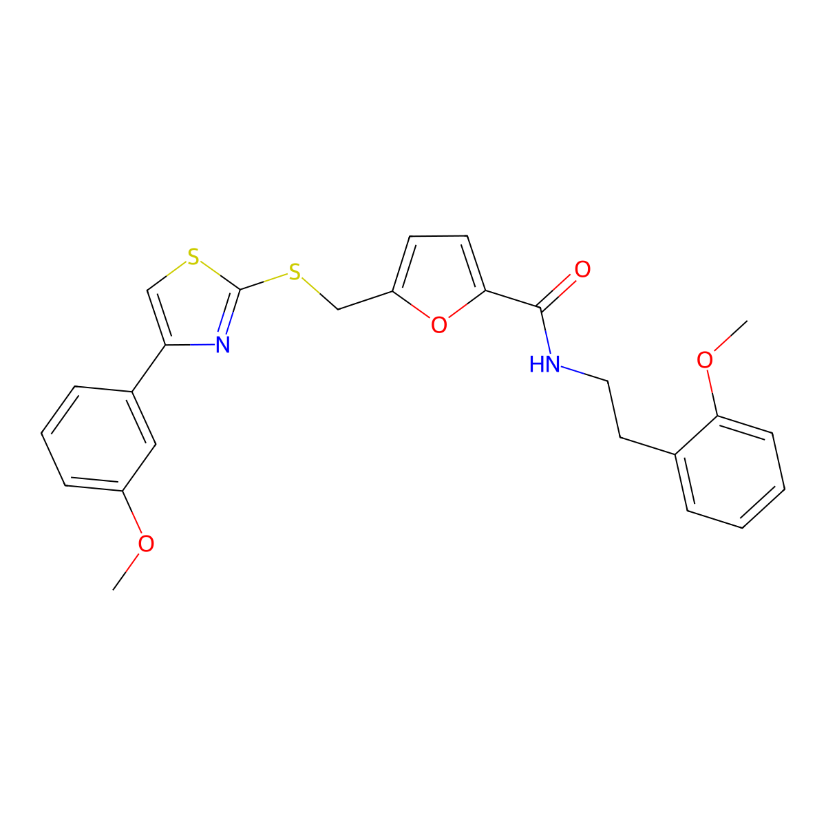 N-(2-methoxyphenethyl)-5-(((4-(3-methoxyphenyl)thiazol-2-yl)thio)methyl)furan-2-carboxamide molecular structure, CAS 1105210-12-5