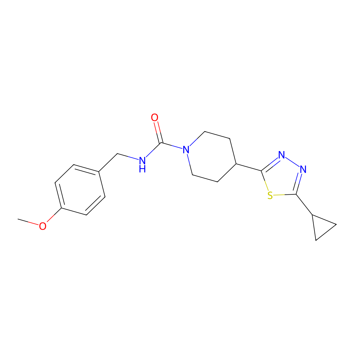 4-(5-cyclopropyl-1,3,4-thiadiazol-2-yl)-N-(4-methoxybenzyl)piperidine-1-carboxamide molecular structure, CAS 1105210-41-0