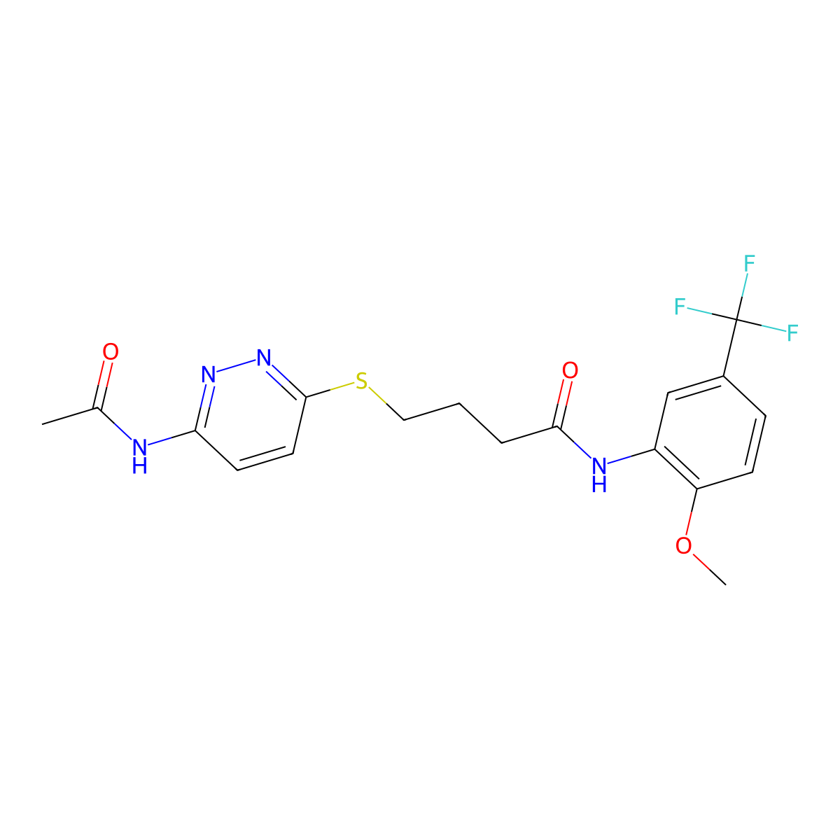 4-((6-acetamidopyridazin-3-yl)thio)-N-(2-methoxy-5-(trifluoromethyl)phenyl)butanamide molecular structure, CAS 1105210-66-9