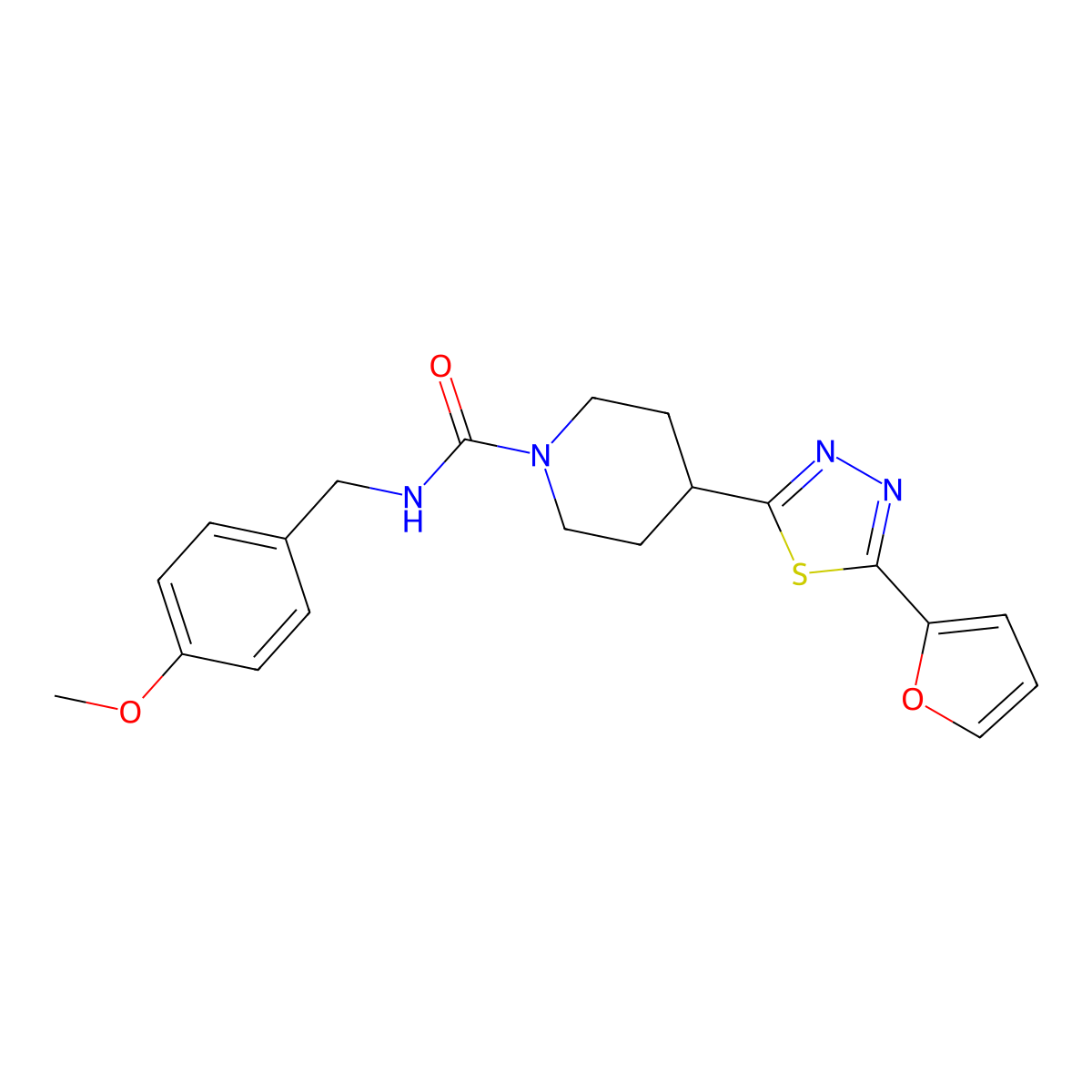 4-(5-(furan-2-yl)-1,3,4-thiadiazol-2-yl)-N-(4-methoxybenzyl)piperidine-1-carboxamide molecular structure, CAS 1105210-95-4