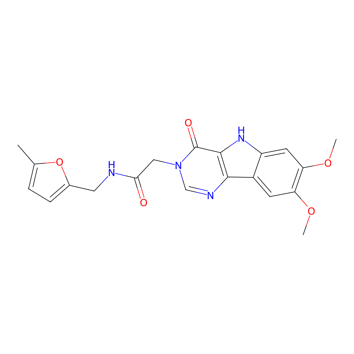2-(7,8-dimethoxy-4-oxo-4,5-dihydro-3H-pyrimido[5,4-b]indol-3-yl)-N-((5-methylfuran-2-yl)methyl)acetamide molecular structure, CAS 1105211-01-5