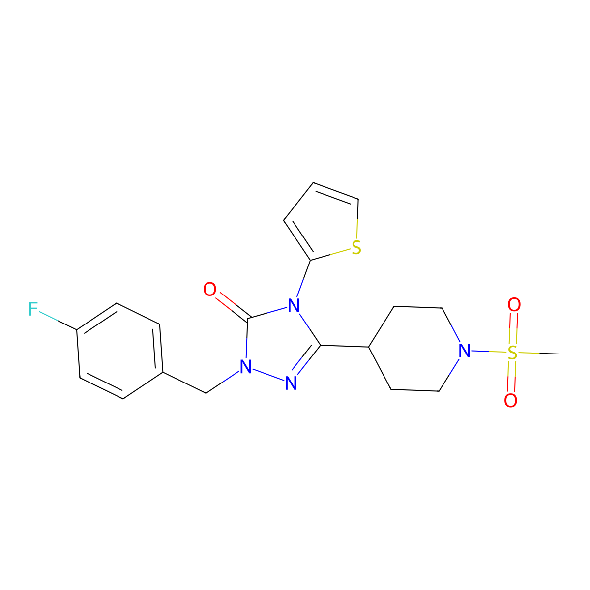 1-[(4-fluorophenyl)methyl]-3-(1-methanesulfonylpiperidin-4-yl)-4-(thiophen-2-yl)-4,5-dihydro-1H-1,2,4-triazol-5-one molecular structure, CAS 1105211-03-7