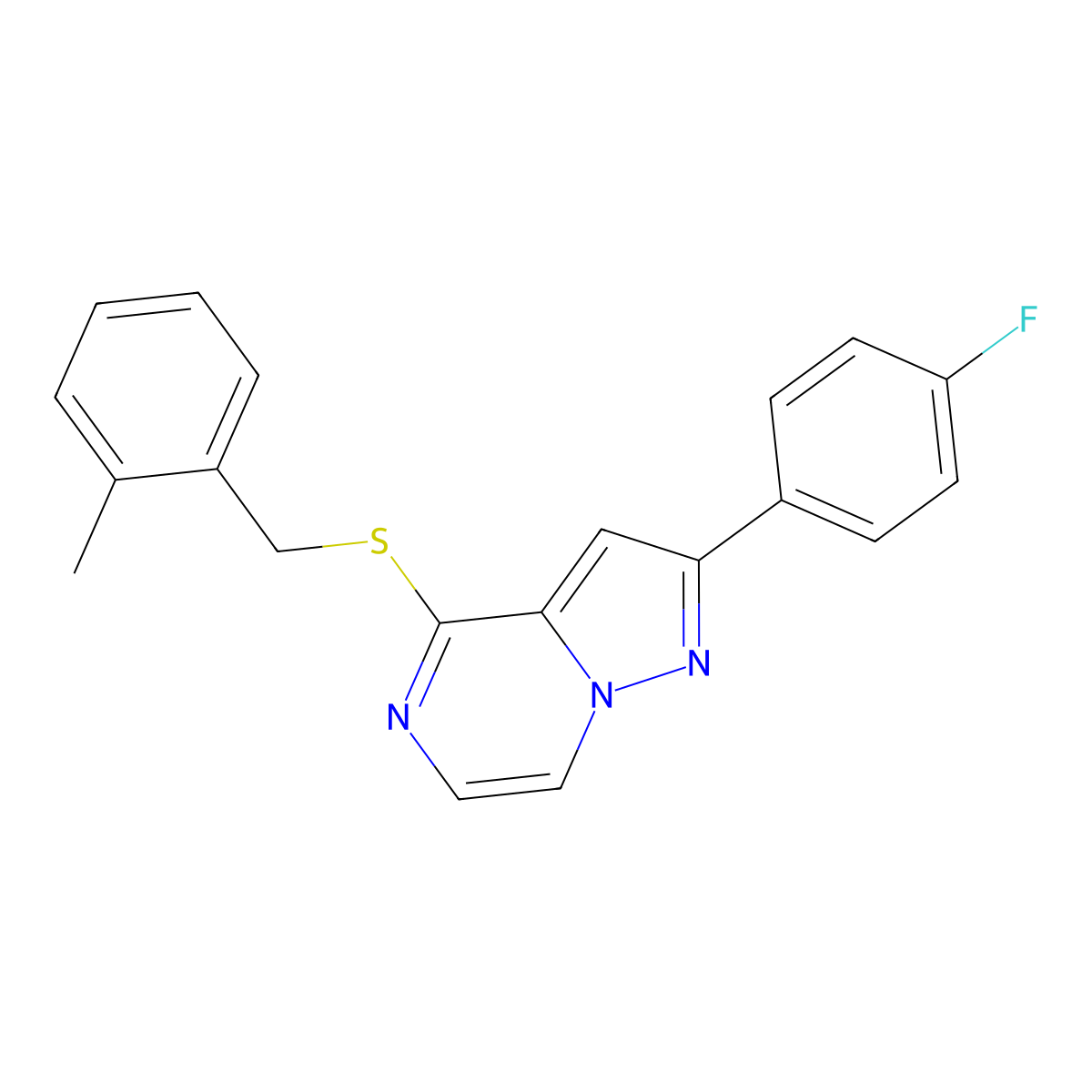 2-(4-Fluorophenyl)-4-[(2-methylbenzyl)thio]pyrazolo[1,5-a]pyrazine molecular structure, CAS 1105211-13-9