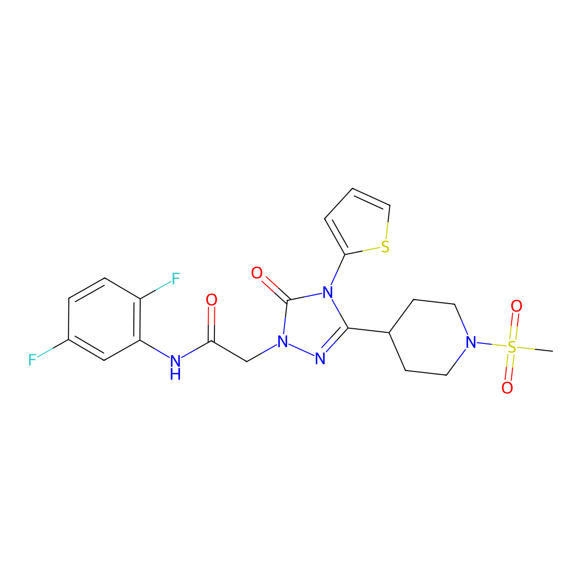 N-(2,5-difluorophenyl)-2-(3-(1-(methylsulfonyl)piperidin-4-yl)-5-oxo-4-(thiophen-2-yl)-4,5-dihydro-1H-1,2,4-triazol-1-yl)acetamide molecular structure, CAS 1105211-19-5