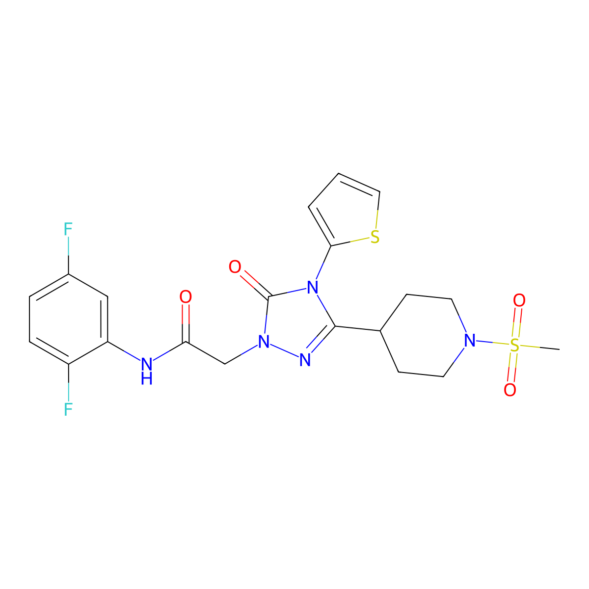 N-(2,5-difluorophenyl)-2-(3-(1-(methylsulfonyl)piperidin-4-yl)-5-oxo-4-(thiophen-2-yl)-4,5-dihydro-1H-1,2,4-triazol-1-yl)acetamide molecular structure, CAS 1105211-19-5