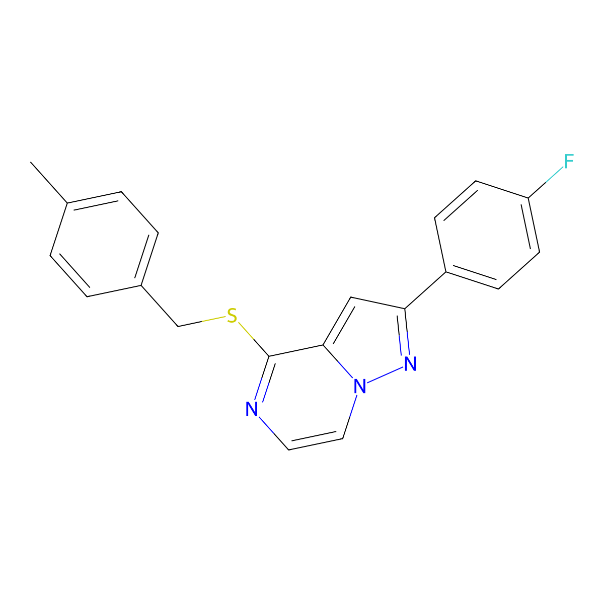 2-(4-Fluorophenyl)-4-[(4-methylbenzyl)thio]pyrazolo[1,5-a]pyrazine molecular structure, CAS 1105211-21-9