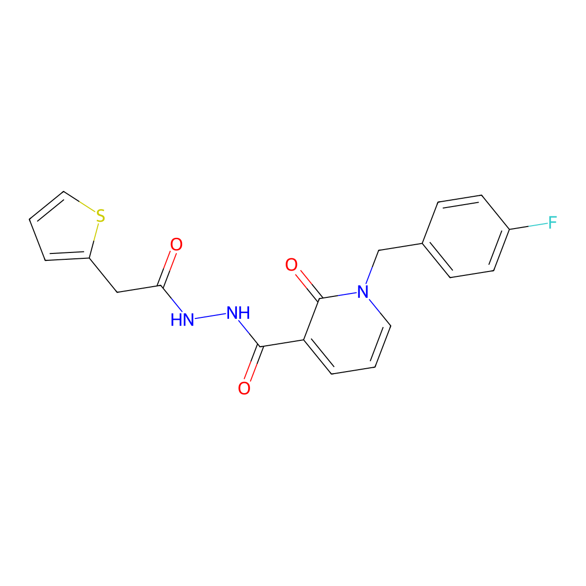 1-(4-fluorobenzyl)-2-oxo-N'-(2-(thiophen-2-yl)acetyl)-1,2-dihydropyridine-3-carbohydrazide molecular structure, CAS 1105211-23-1