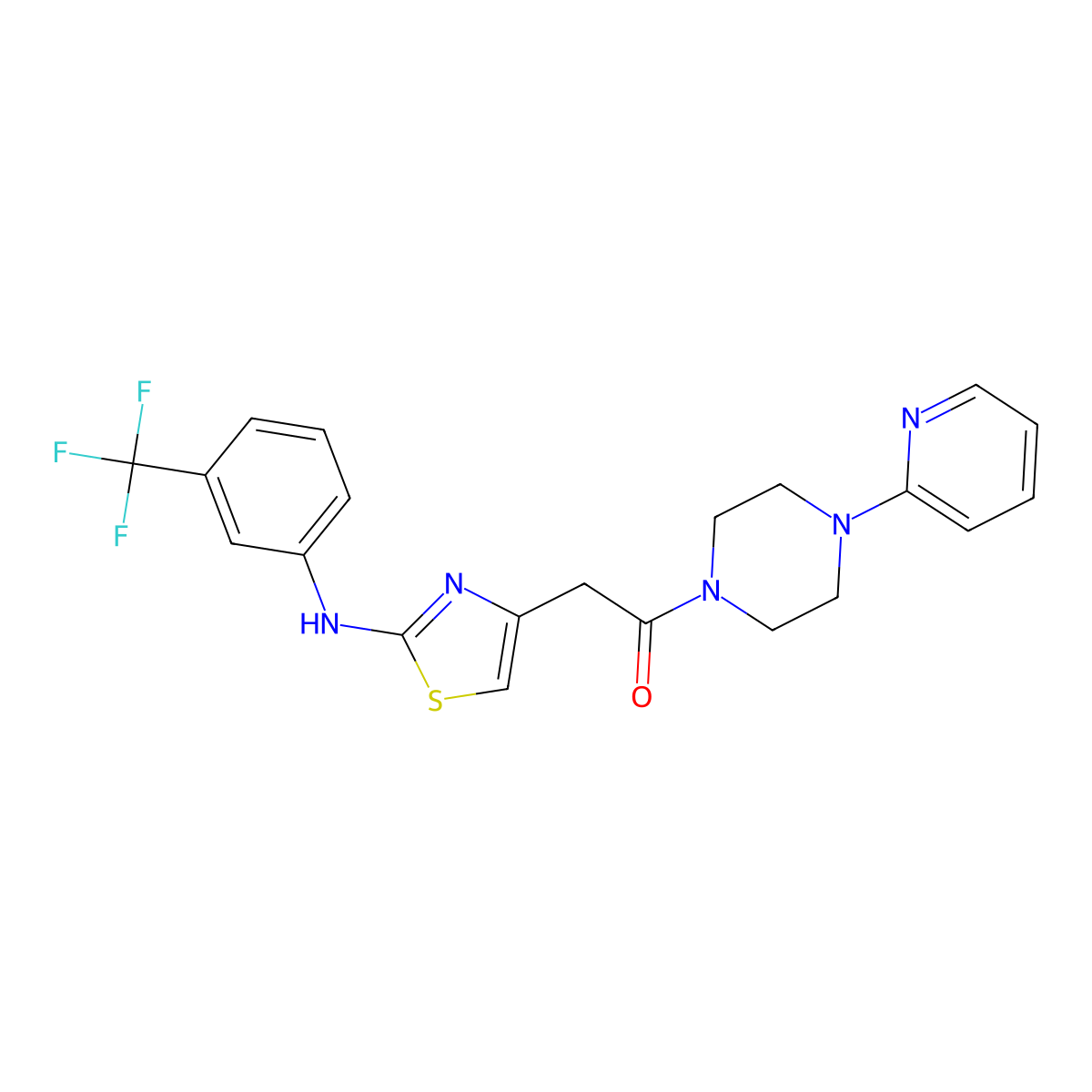 1-(4-(Pyridin-2-yl)piperazin-1-yl)-2-(2-((3-(trifluoromethyl)phenyl)amino)thiazol-4-yl)ethanone molecular structure, CAS 1105211-26-4