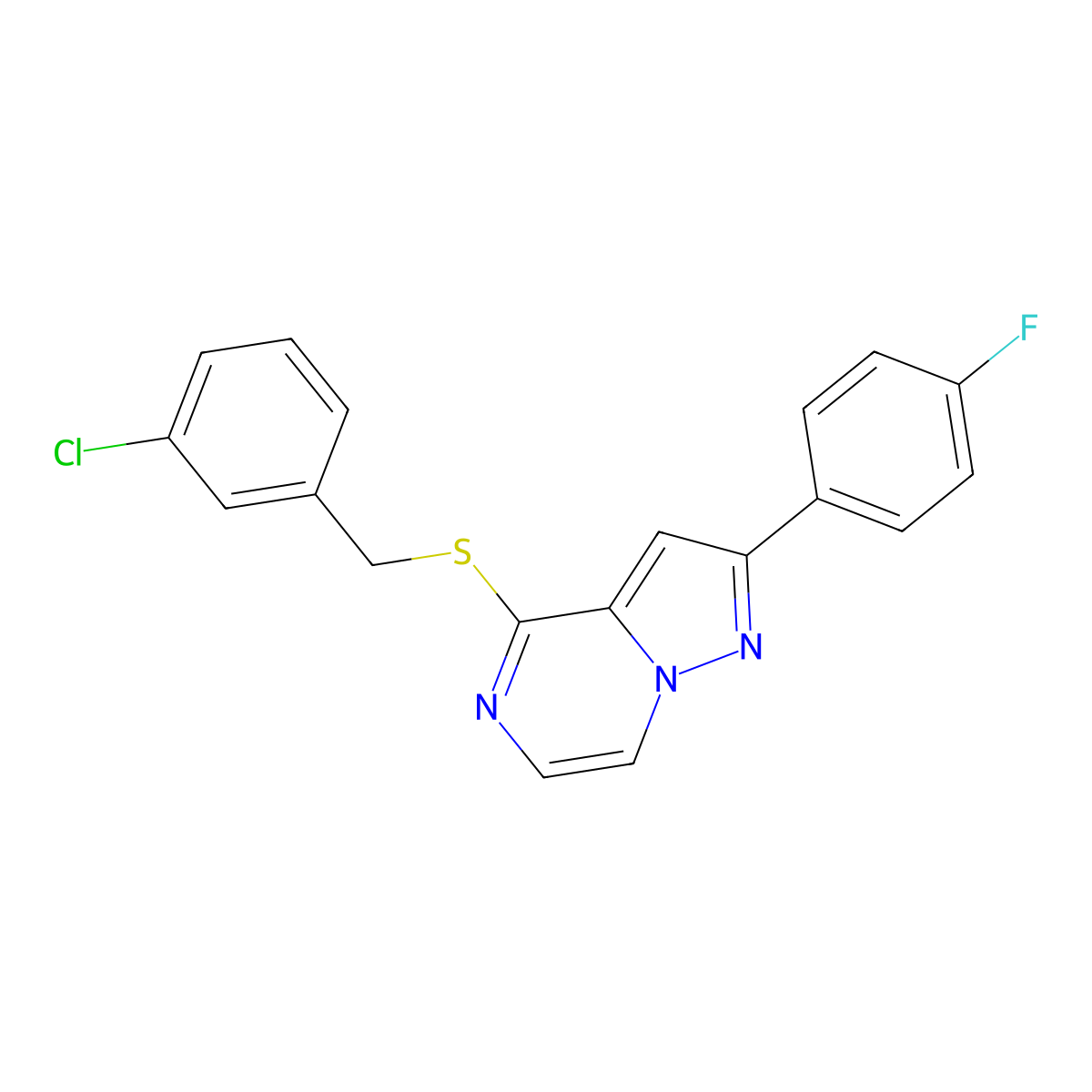 4-[(3-Chlorobenzyl)thio]-2-(4-fluorophenyl)pyrazolo[1,5-a]pyrazine molecular structure, CAS 1105211-29-7
