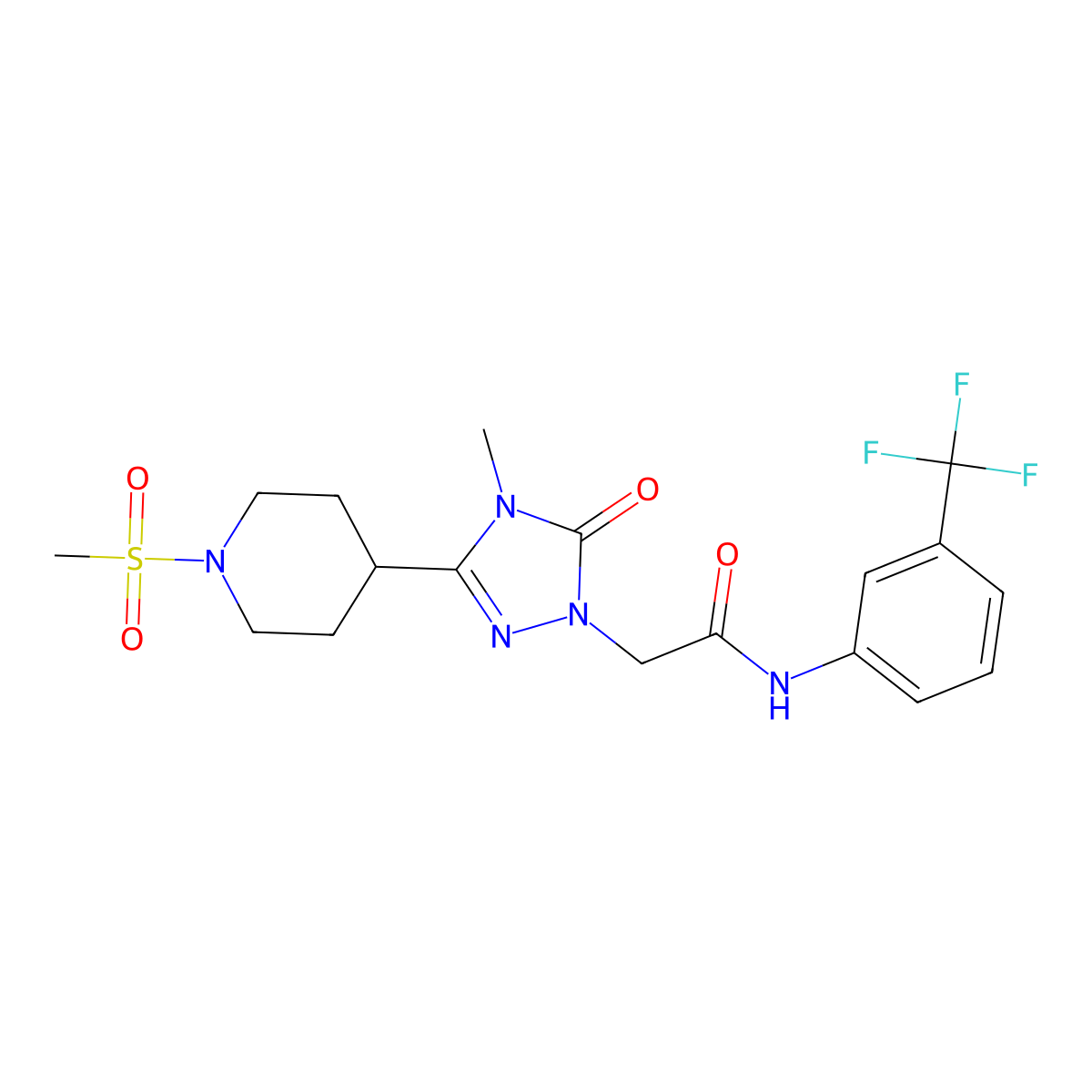 2-(4-methyl-3-(1-(methylsulfonyl)piperidin-4-yl)-5-oxo-4,5-dihydro-1H-1,2,4-triazol-1-yl)-N-(3-(trifluoromethyl)phenyl)acetamide molecular structure, CAS 1105211-43-5