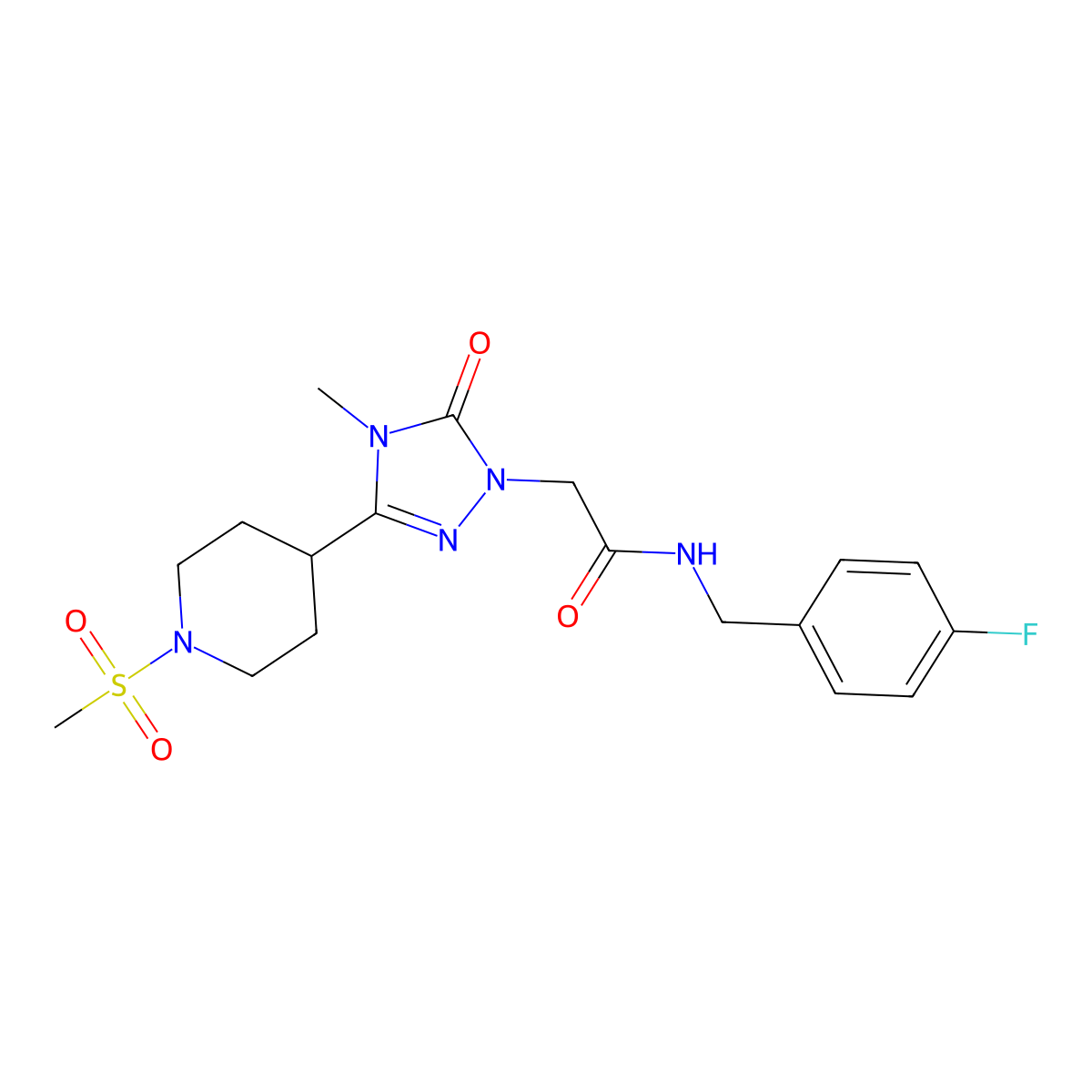 N-(4-fluorobenzyl)-2-(4-methyl-3-(1-(methylsulfonyl)piperidin-4-yl)-5-oxo-4,5-dihydro-1H-1,2,4-triazol-1-yl)acetamide molecular structure, CAS 1105211-51-5