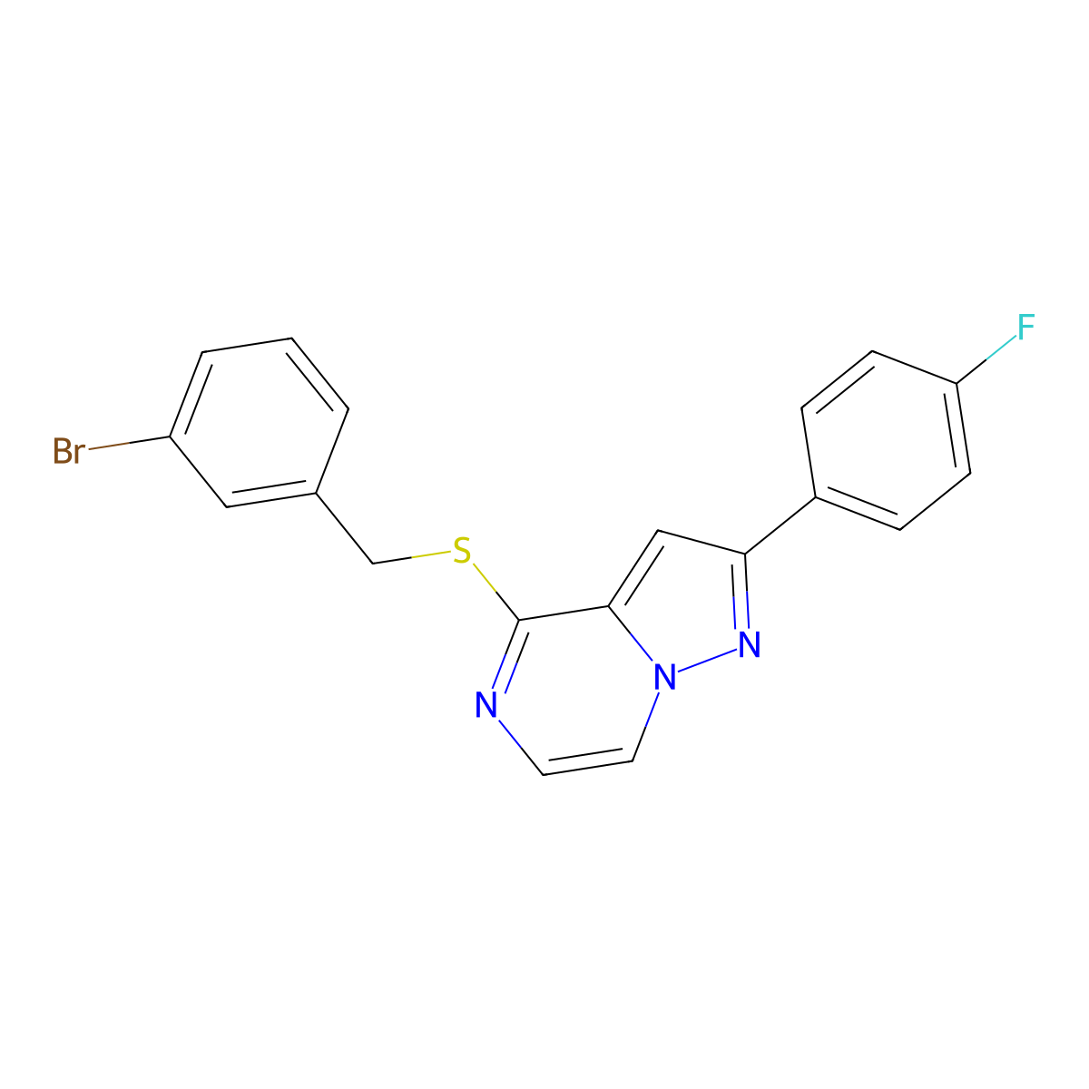 4-[(3-Bromobenzyl)thio]-2-(4-fluorophenyl)pyrazolo[1,5-a]pyrazine molecular structure, CAS 1105211-52-6