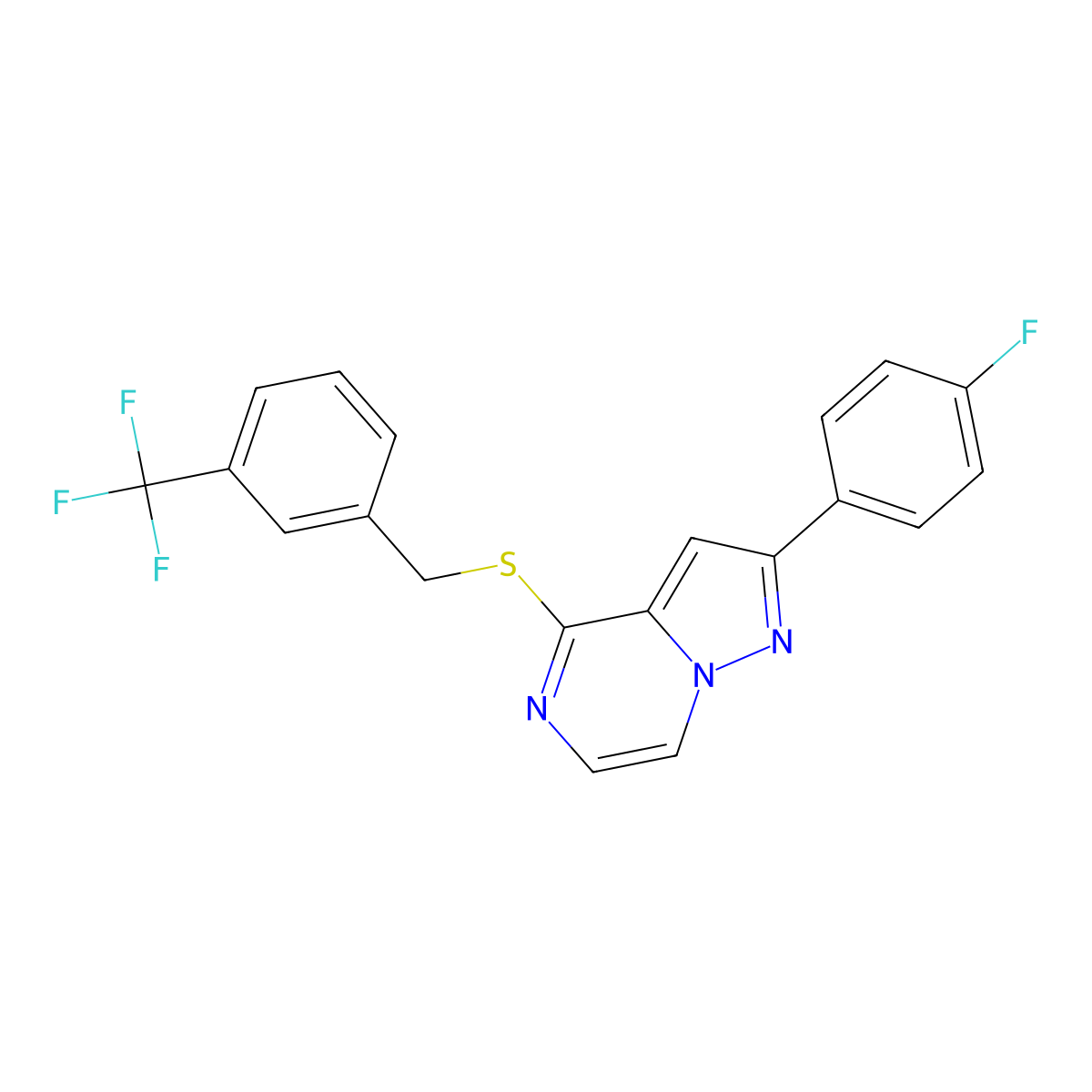 2-(4-Fluorophenyl)-4-{[3-(trifluoromethyl)benzyl]thio}pyrazolo[1,5-a]pyrazine molecular structure, CAS 1105211-59-3