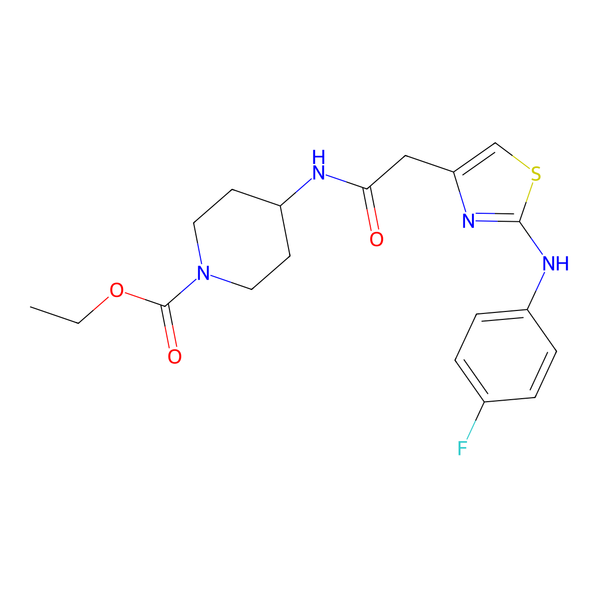 Ethyl 4-(2-(2-((4-fluorophenyl)amino)thiazol-4-yl)acetamido)piperidine-1-carboxylate molecular structure, CAS 1105211-73-1