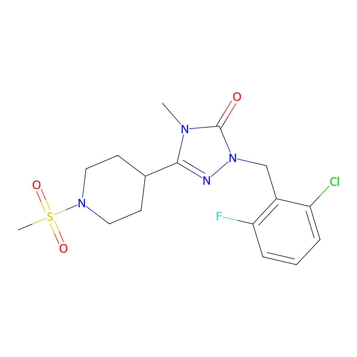 1-(2-chloro-6-fluorobenzyl)-4-methyl-3-(1-(methylsulfonyl)piperidin-4-yl)-1H-1,2,4-triazol-5(4H)-one molecular structure, CAS 1105211-74-2