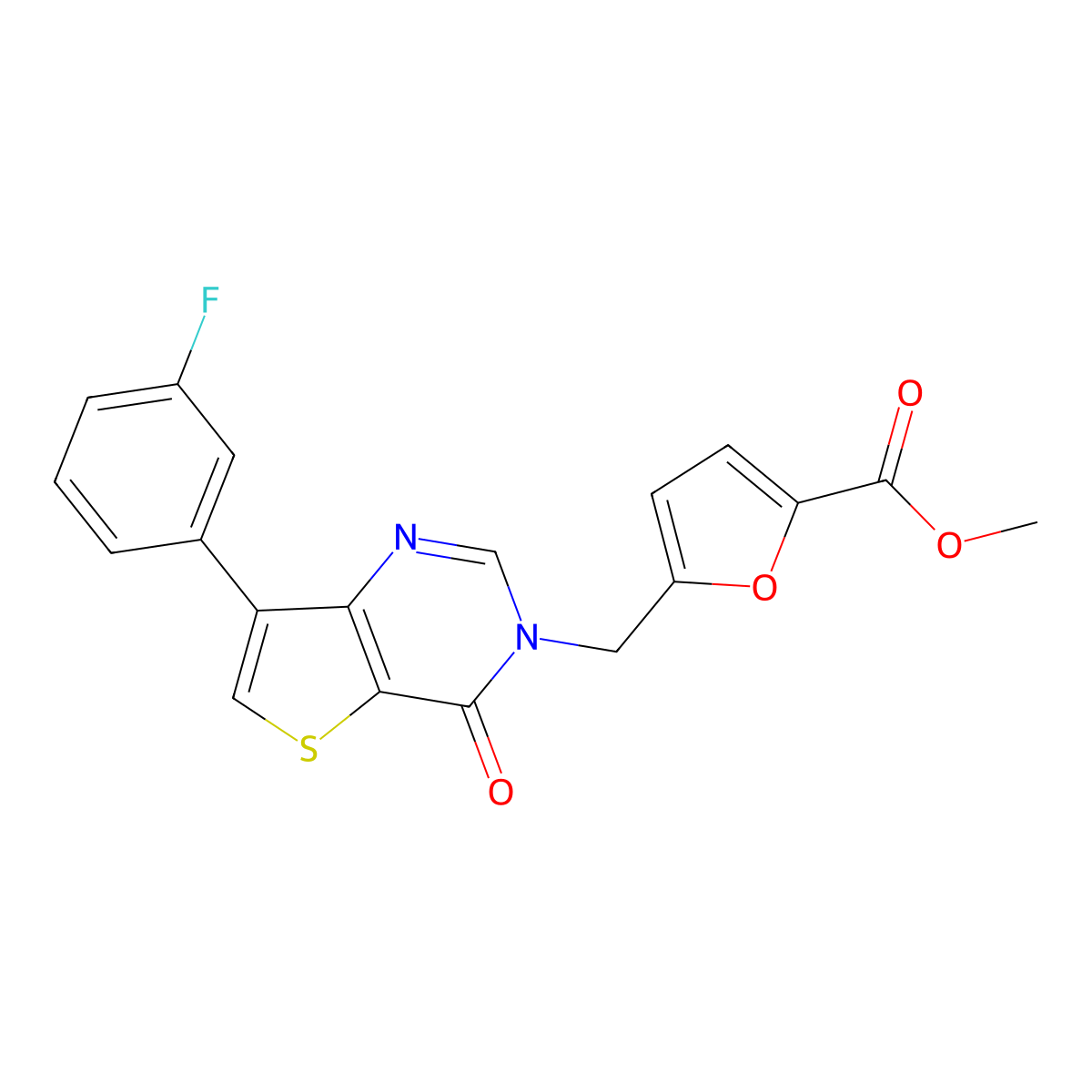 methyl 5-((7-(3-fluorophenyl)-4-oxothieno[3,2-d]pyrimidin-3(4H)-yl)methyl)furan-2-carboxylate molecular structure, CAS 1105212-01-8