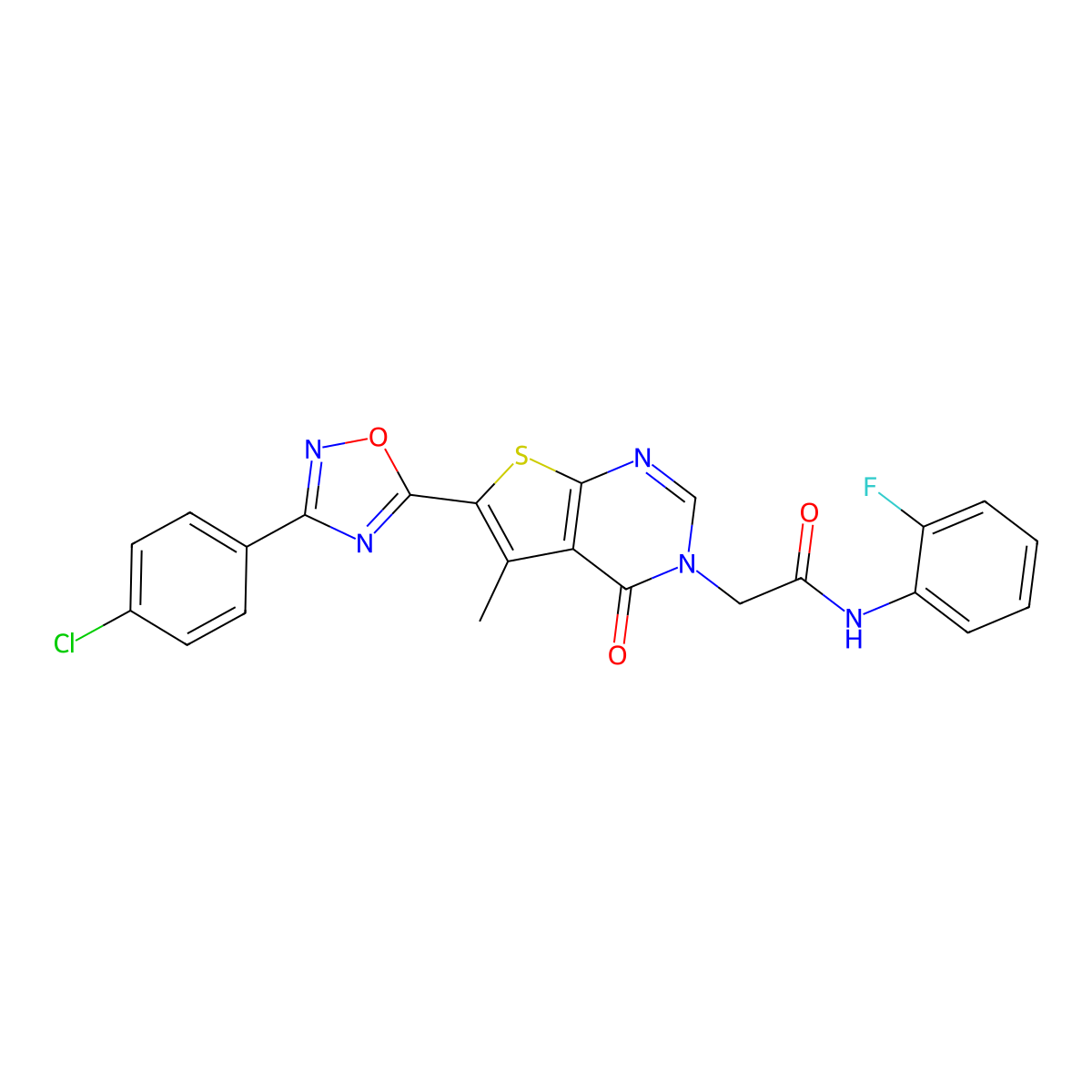 2-(6-(3-(4-chlorophenyl)-1,2,4-oxadiazol-5-yl)-5-methyl-4-oxothieno[2,3-d]pyrimidin-3(4H)-yl)-N-(2-fluorophenyl)acetamide molecular structure, CAS 1105212-24-5