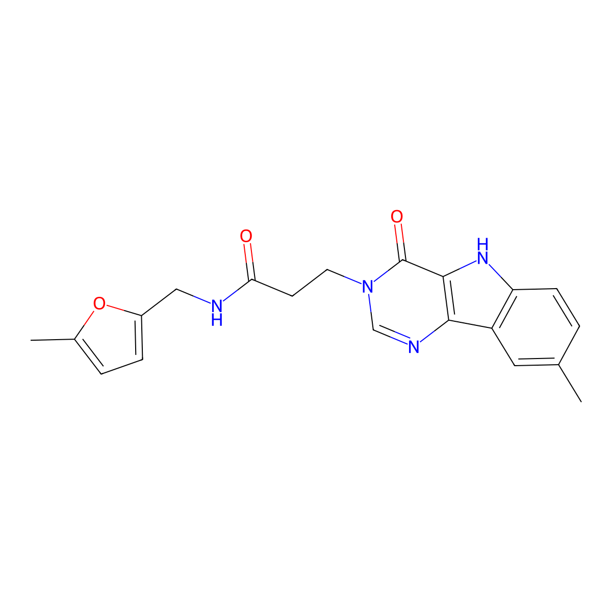 3-(8-methyl-4-oxo-4,5-dihydro-3H-pyrimido[5,4-b]indol-3-yl)-N-((5-methylfuran-2-yl)methyl)propanamide molecular structure, CAS 1105212-75-6