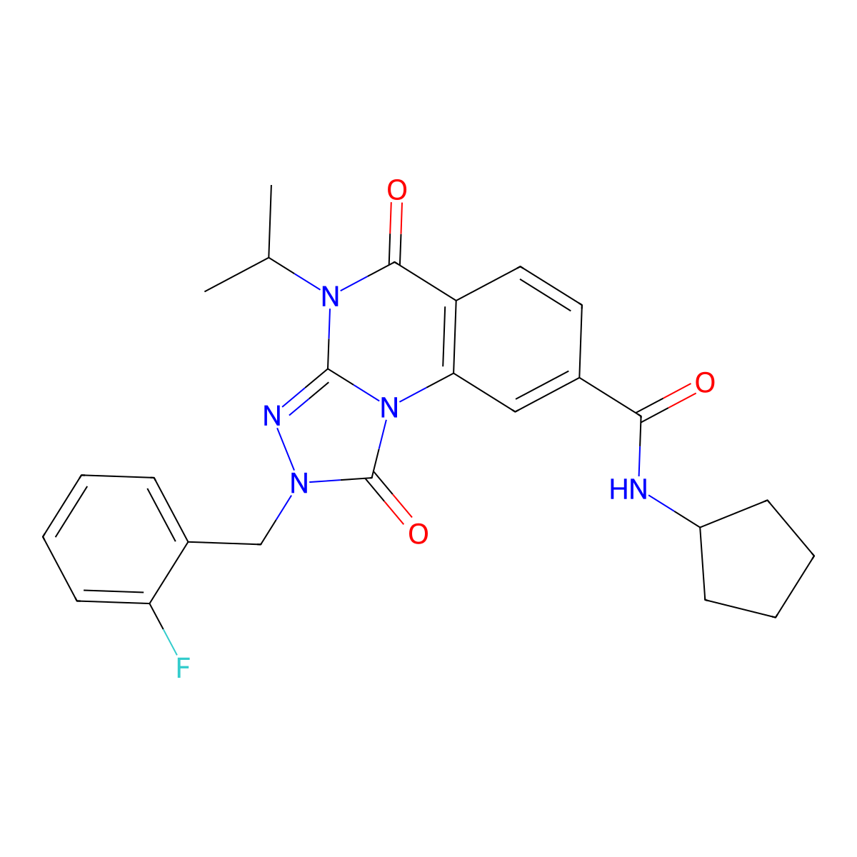 N-cyclopentyl-2-(2-fluorobenzyl)-4-isopropyl-1,5-dioxo-1,2,4,5-tetrahydro-[1,2,4]triazolo[4,3-a]quinazoline-8-carboxamide molecular structure, CAS 1105214-28-5