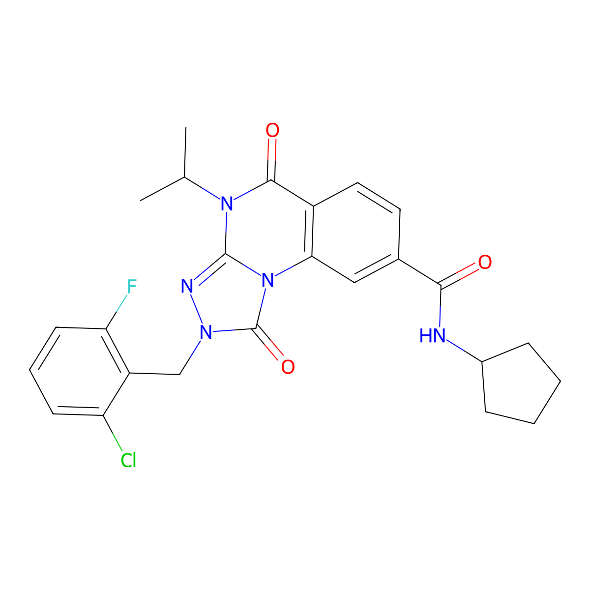 2-(2-chloro-6-fluorobenzyl)-N-cyclopentyl-4-isopropyl-1,5-dioxo-1,2,4,5-tetrahydro-[1,2,4]triazolo[4,3-a]quinazoline-8-carboxamide molecular structure, CAS 1105214-32-1