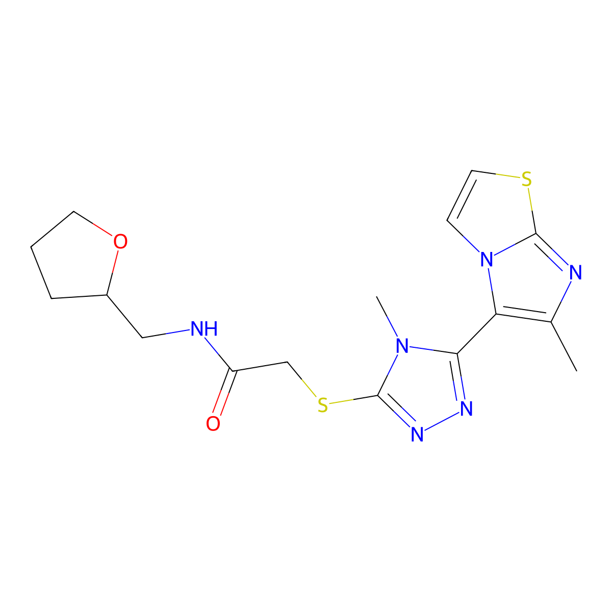 2-((4-methyl-5-(6-methylimidazo[2,1-b]thiazol-5-yl)-4H-1,2,4-triazol-3-yl)thio)-N-((tetrahydrofuran-2-yl)methyl)acetamide molecular structure, CAS 1105214-45-6