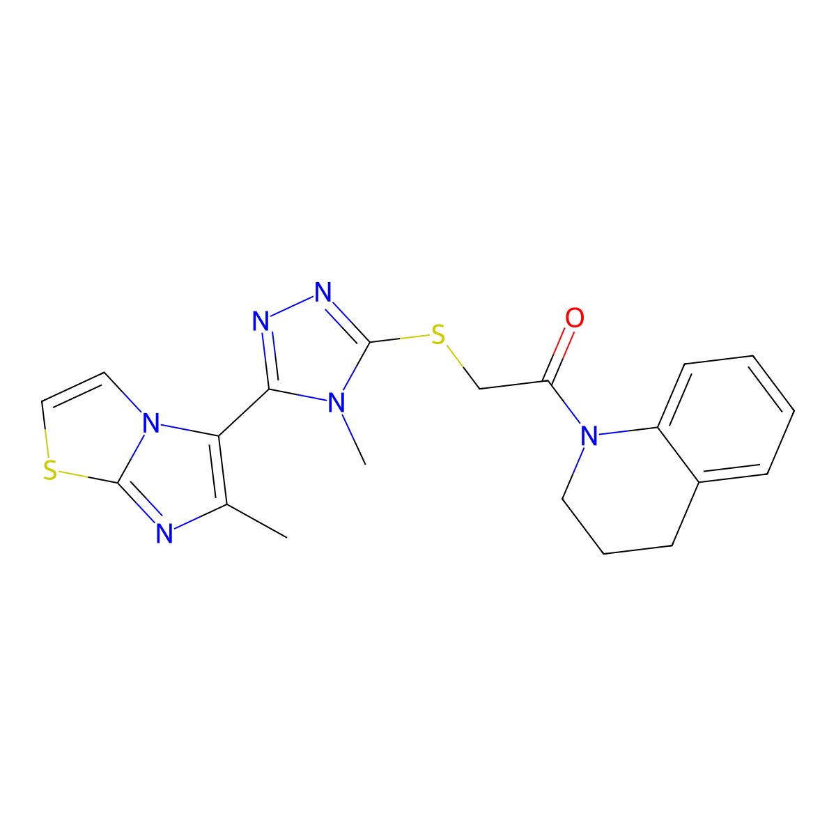 1-(3,4-dihydroquinolin-1(2H)-yl)-2-((4-methyl-5-(6-methylimidazo[2,1-b]thiazol-5-yl)-4H-1,2,4-triazol-3-yl)thio)ethanone molecular structure, CAS 1105214-52-5