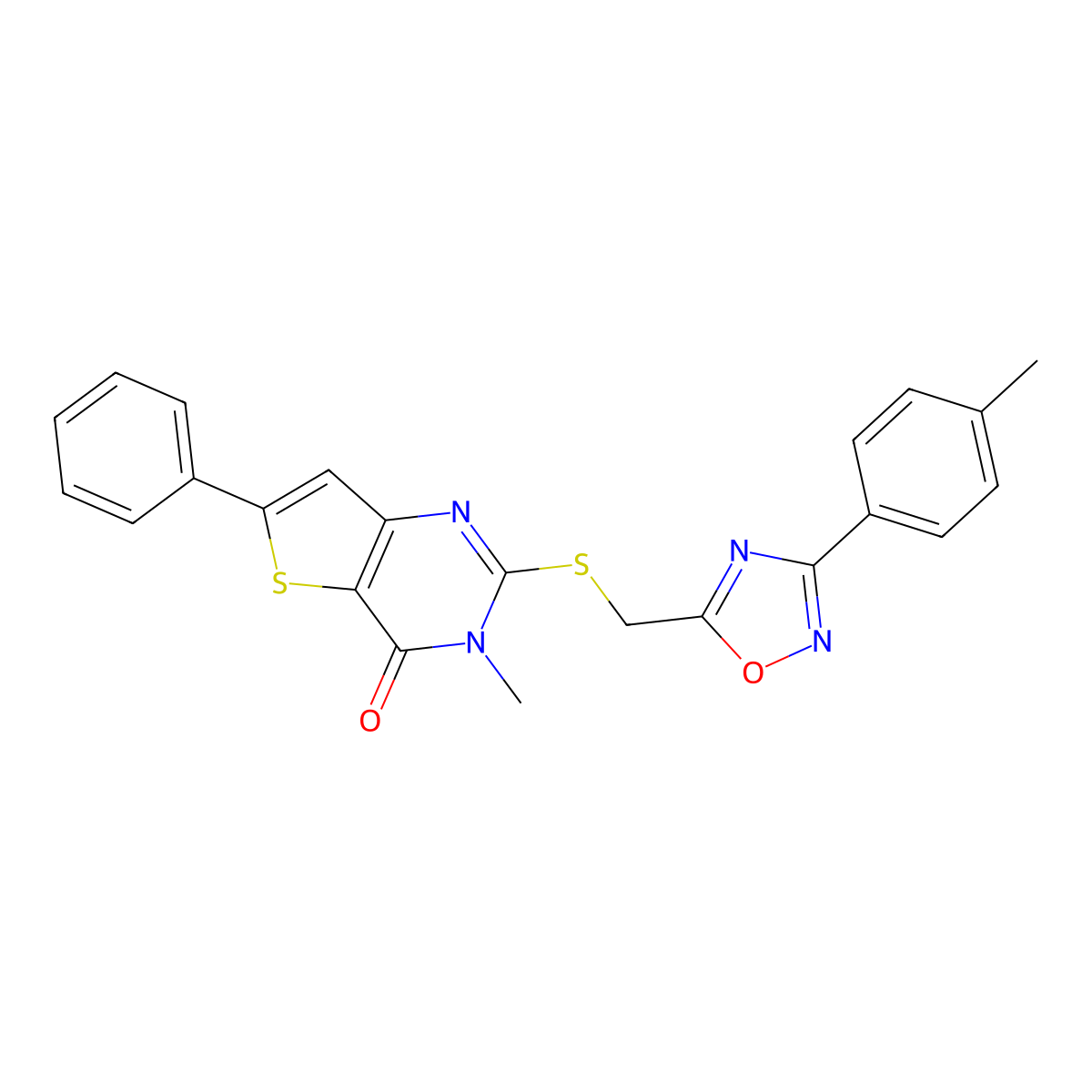 3-methyl-2-({[3-(4-methylphenyl)-1,2,4-oxadiazol-5-yl]methyl}sulfanyl)-6-phenyl-3H,4H-thieno[3,2-d]pyrimidin-4-one molecular structure, CAS 1105214-74-1