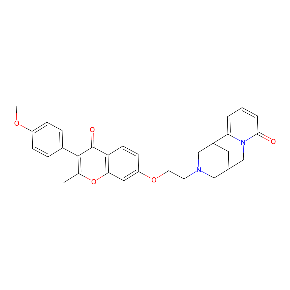 3-(2-((3-(4-methoxyphenyl)-2-methyl-4-oxo-4H-chromen-7-yl)oxy)ethyl)-3,4,5,6-tetrahydro-1H-1,5-methanopyrido[1,2-a][1,5]diazocin-8(2H)-one molecular structure, CAS 1105215-64-2