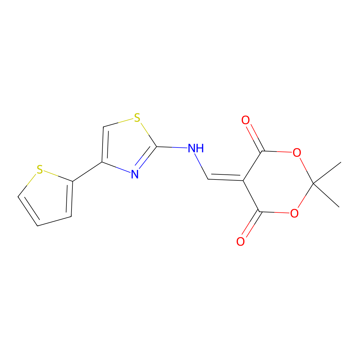 2,2-Dimethyl-5-(((4-(thiophen-2-yl)thiazol-2-yl)amino)methylene)-1,3-dioxane-4,6-dione molecular structure, CAS 1105215-88-0